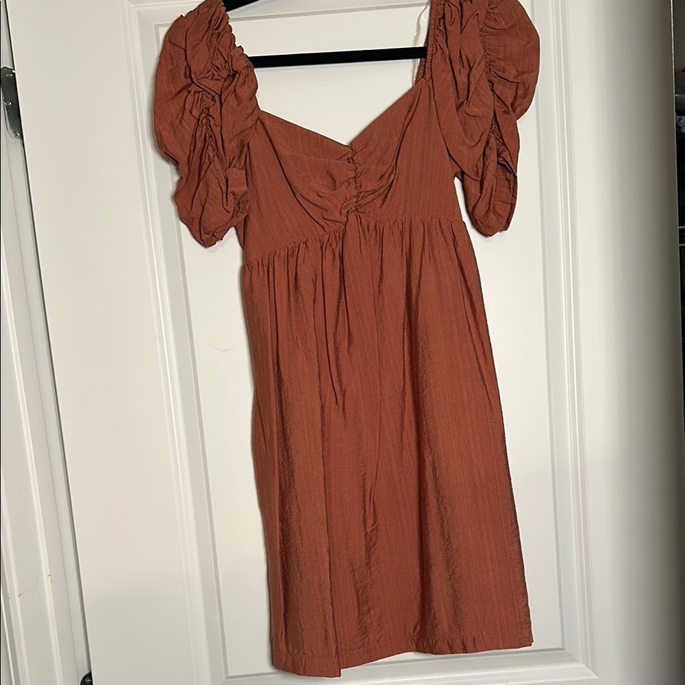 Altar'd State Orange Mini Sundress with Puff Sleeves and Sweetheart Neckline